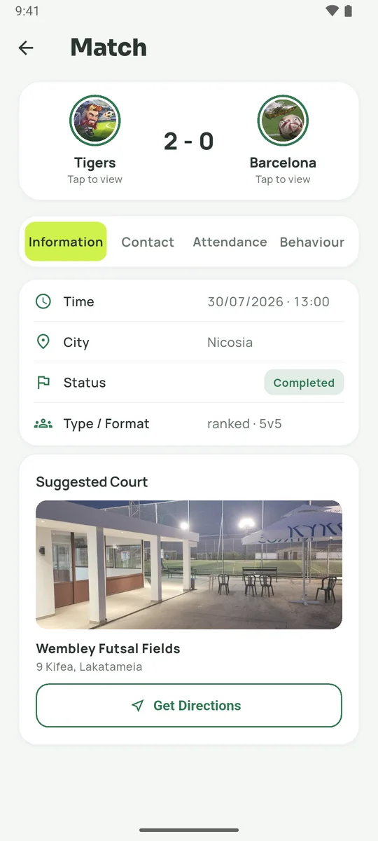 Match details and suggested court