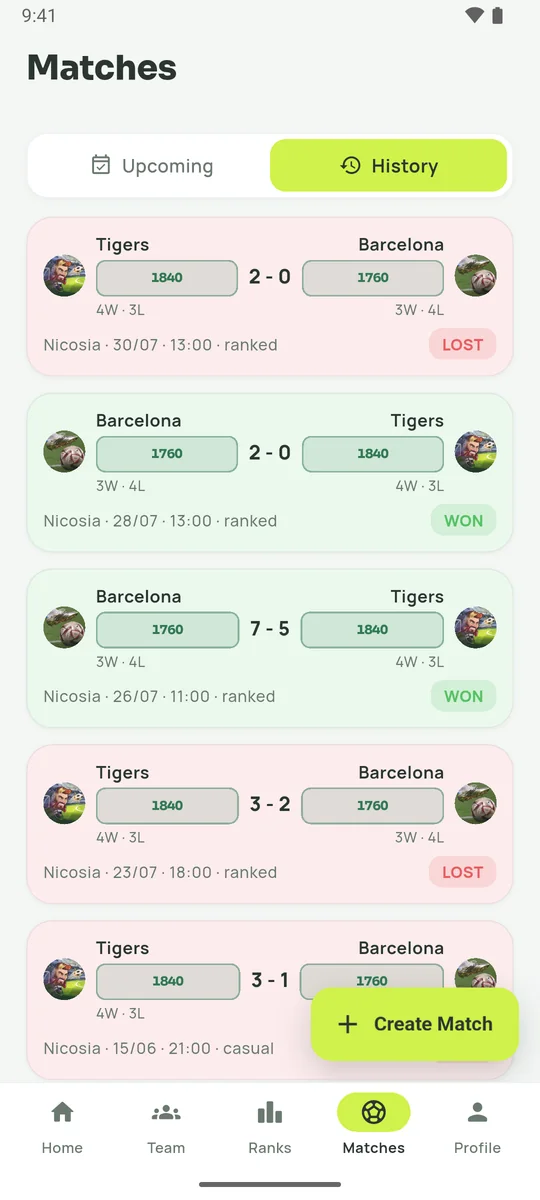 Match history with results