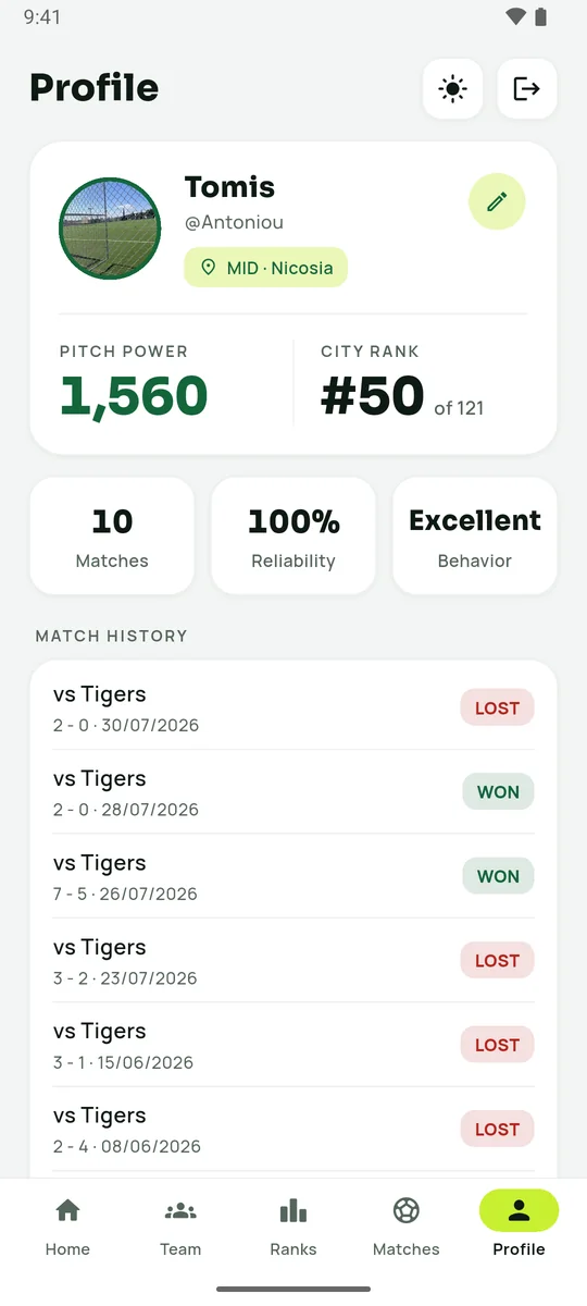 Player profile with Pitch Power and match history